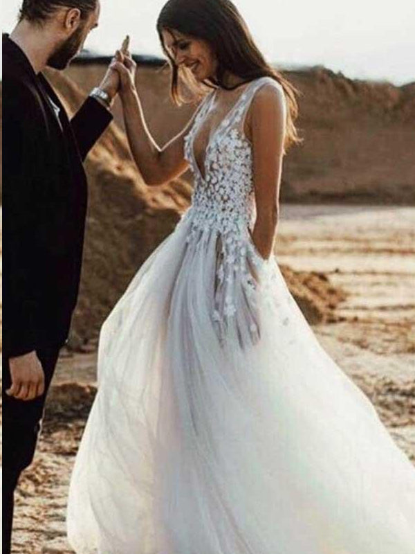 Beach Wedding Dresses Deeep V-neck A-line Hand-Made Flower with Slit Sexy Bridal Gown JKW288|Annapromdress