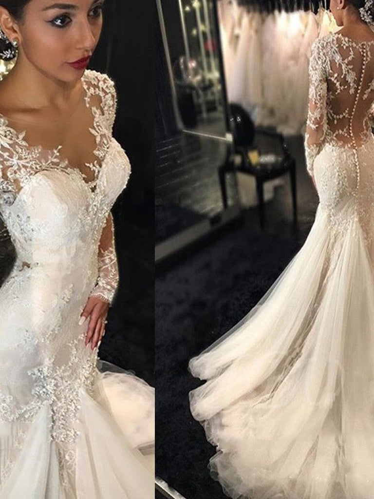 Long Sleeve Wedding Dresses Romantic Lace Sweep Train Beading Mermaid Bridal Gown JKW292|Annapromdress