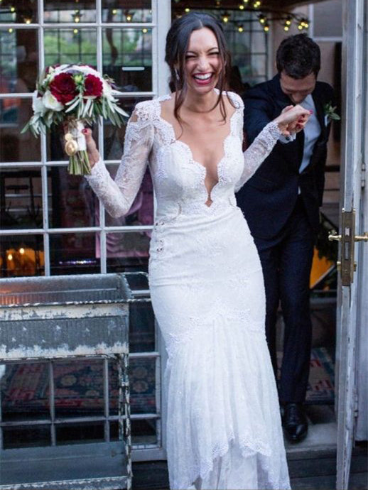Long Sleeve Wedding Dresses Mermaid Floor-length Romantic Lace Bridal Gown JKW298|Annapromdress
