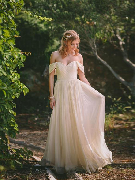 Beach Wedding Dresses Aline Off-the-shoulder Floor-length Lace Simple Bridal Gown JKW300|Annapromdress