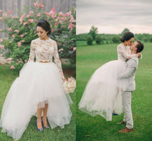 High Low Wedding Dresses A-line Beautiful Lace Long Sleeve Beach Bridal Gown JKW310|Annapromdress