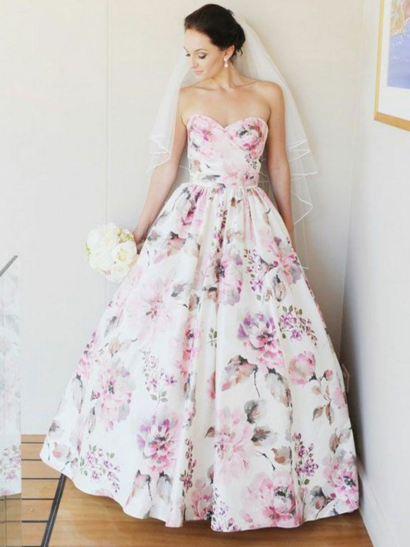 Floral Print Wedding Dresses Aline Sweetheart Satin Beautiful Unique Bridal Gown JKW327|Annapromdress