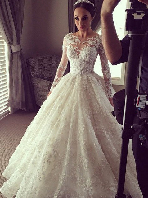 Long Sleeve Wedding Dresses Aline Bateau Beautiful Lace Ball Gown Big Bridal Gown JKW330|Annapromdress