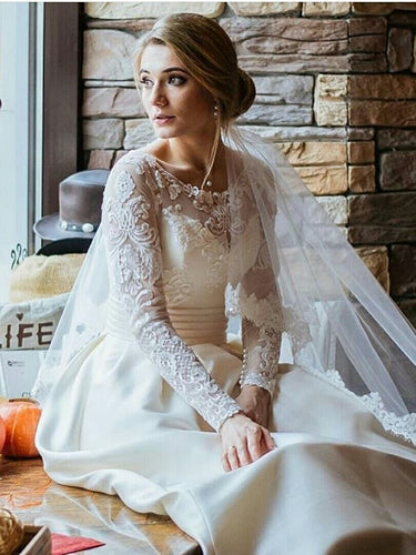 Long Sleeve Wedding Dresses with Pockets Short Train Long Romantic Satin Bridal Gown JKW333|Annapromdress