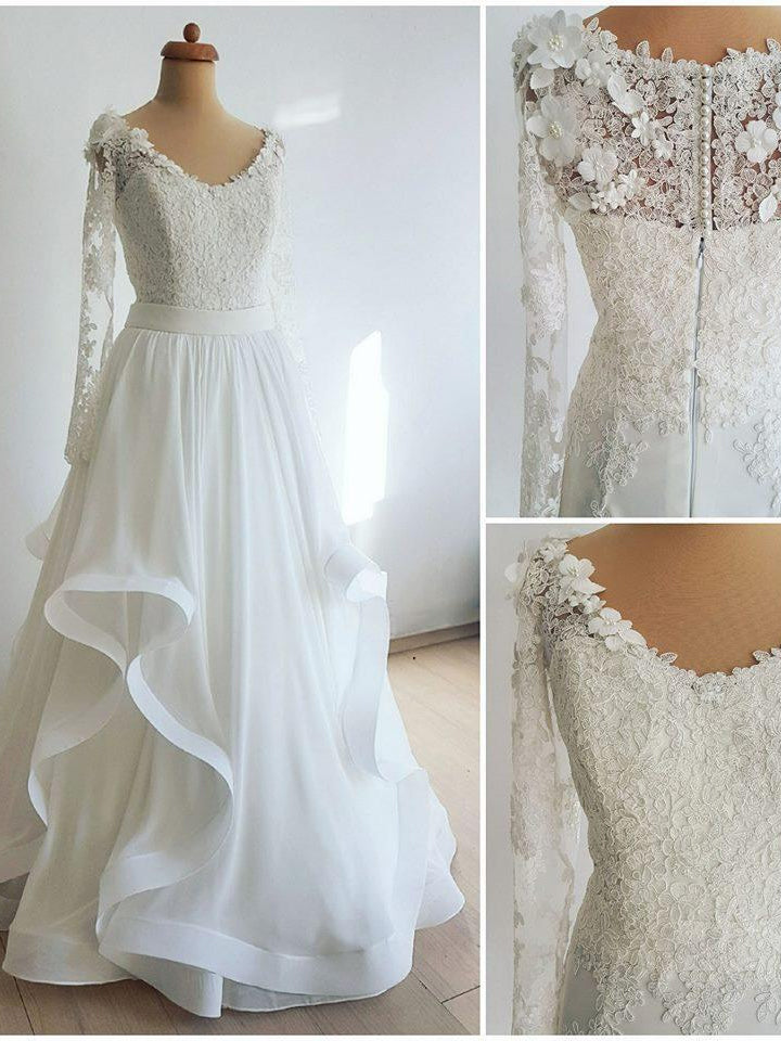 Long Sleeve Wedding Dresses A-line Floor-length Ruffles Chiffon Simple Lace Bridal Gown JKW335|Annapromdress