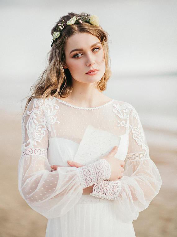Long Sleeve Wedding Dresses Aline Romantic Beautiful Lace Beach Bridal Gown JKW337|Annapromdress