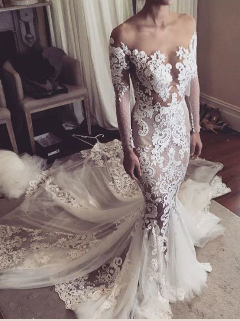 Long Sleeves Mermaid Fitted Wedding Dress Lace Tulle Sweep Train