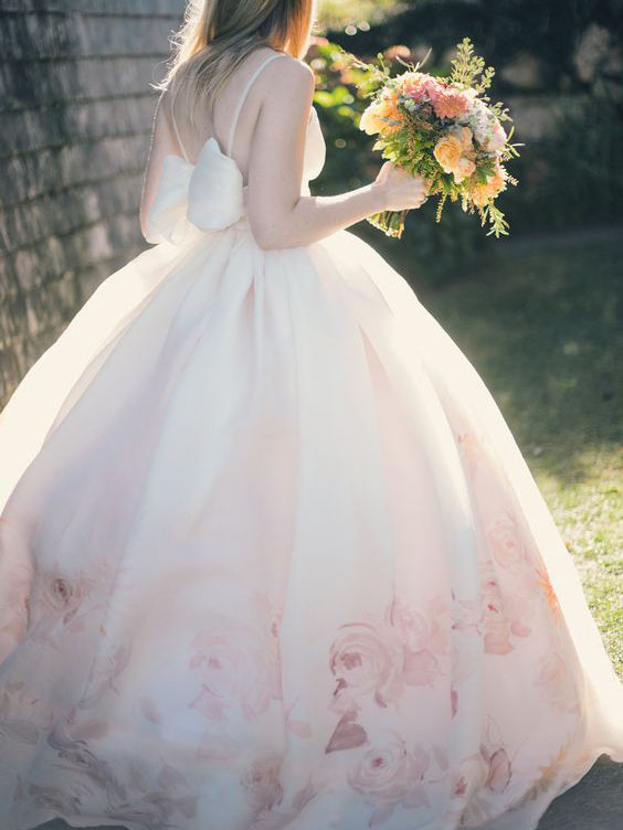 Ball Gown Wedding Dresses Floor-length Chic Floral Print Open Back Bridal Gown JKW343|Annapromdress