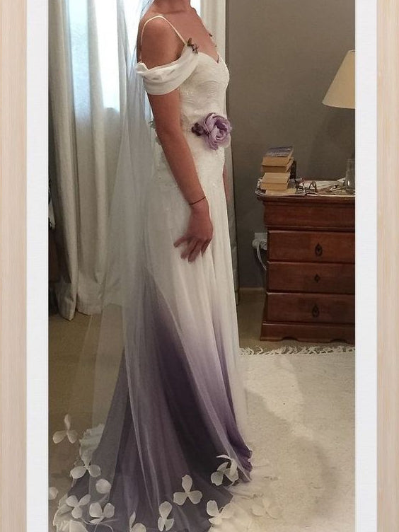 Ombre Wedding Dresses Aline Spaghetti Straps Hand-Made Flower Beach Bridal Gown JKW344|Annapromdress