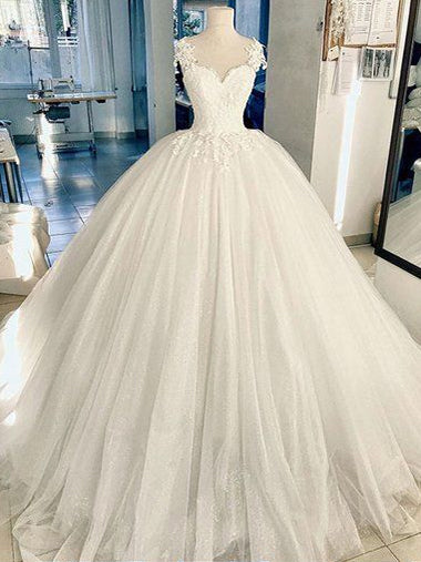 Ball Gown Wedding Dresses with Straps Romantic Long Train Ivory Big Bridal Gown JKW349|Annapromdress