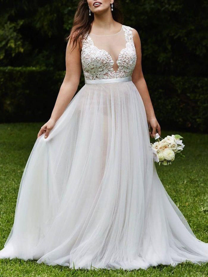 Simple Wedding Dresses Aline Scoop Appliques Beautiful Long Plus Size Bridal Gown JKW354|Annapromdress