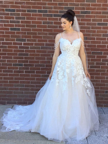 Open Back Wedding Dresses A-line Spaghetti Straps Appliques Romantic Bridal Gown JKW357|Annapromdress