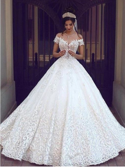 Open Back Wedding Dresses Off-the-shoulder Appliques Romantic Ball Gown Bridal Gown JKW360|Annapromdress