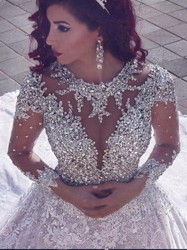 Ball Gown Wedding Dresses Romantic Long Sleeve Long Train Lace Bridal Gown JKW367|Annapromdress