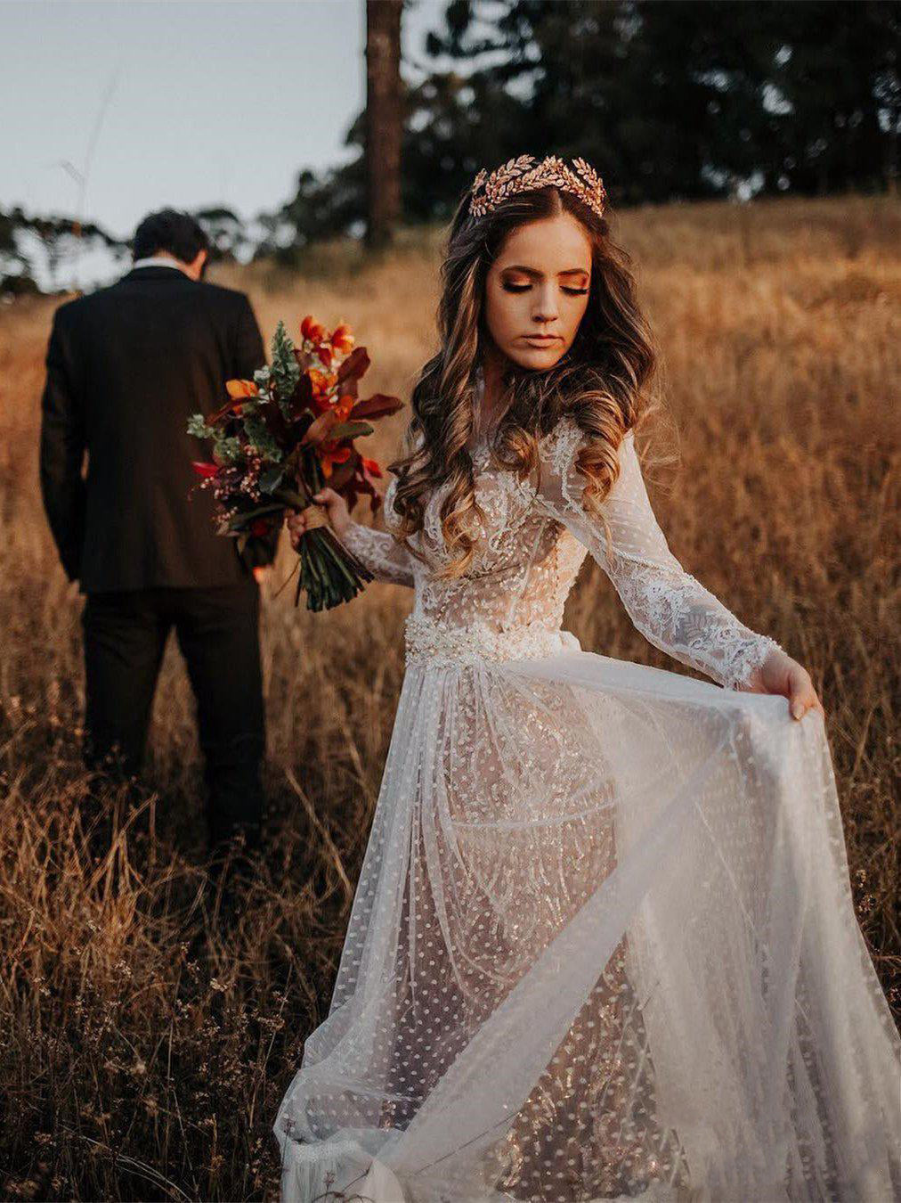Long Sleeve Wedding Dresses V-neck Long Train Polka Dot Lace Open Back Boho Bridal Gown JKW371|Annapromdress