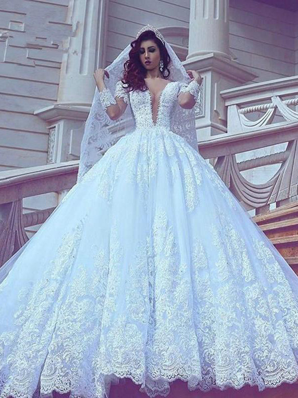 Long Sleeve Wedding Dresses V-neck Ball Gown Long Train Elegant Luxury Big Bridal Gown JKW378|Annapromdress
