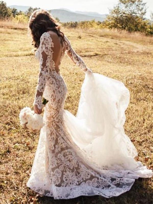 Long Sleeve Wedding Dresses Mermaid Button Back Long Train Lace Luxury Bridal Gown JKW379|Annapromdress
