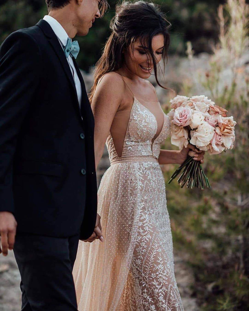 Spaghetti Straps V-neck A-line Wedding Dress with Crystals Belt WD534 main image 0