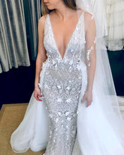Sexy Deep V-Neck Luxury Beaded Mermaid Wedding Dress with Detachable Train,JKZ6134|Annapromdress