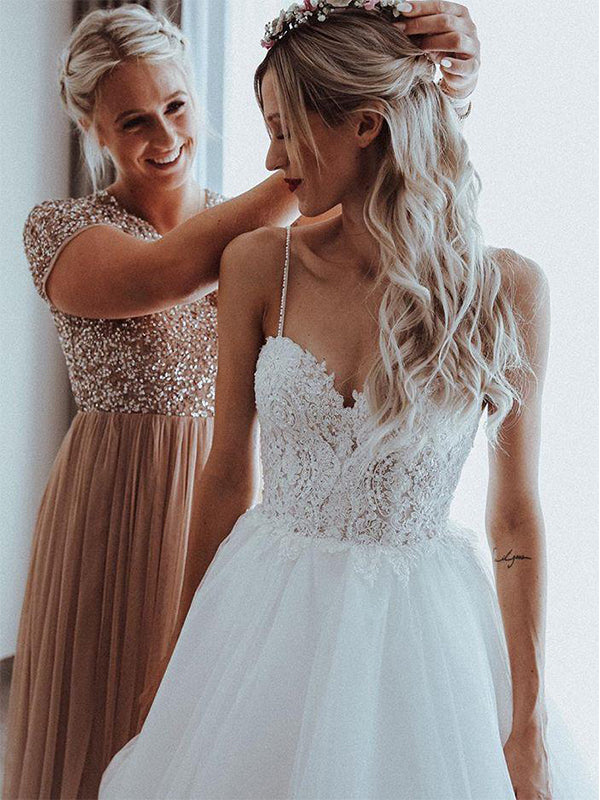 Princess Wedding Dress Spaghetti Straps Backless Ball Gown Wedding Dress Tulle Bridal Gown JPE4838|annapromdress