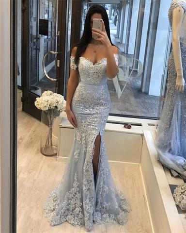 Off The Shoulder Lace Mermaid Prom Dresses With Slit GJS349