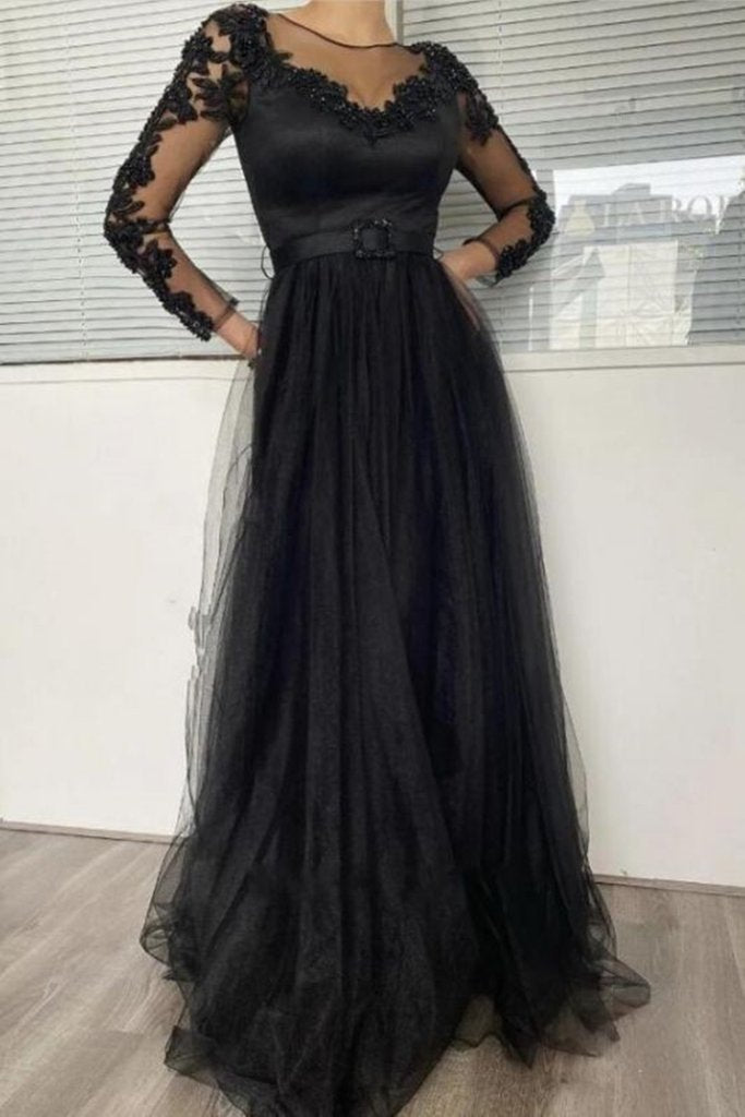 Long Sleeves Round Neck Black Lace Long Prom Lace Formal Evening Dress GJS376