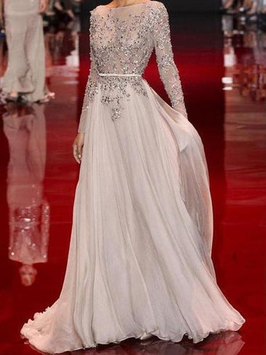 Long Sleeves Charming Floor-Length Backless Cocktail Evening Prom Dresses  GJS278