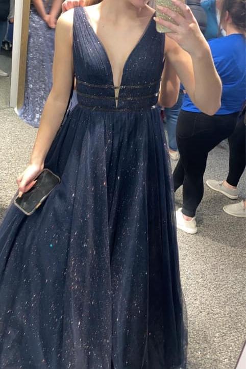 Backless Deep V-neck Glitter Long A-line Zipper Back Prom Dresses GJS281
