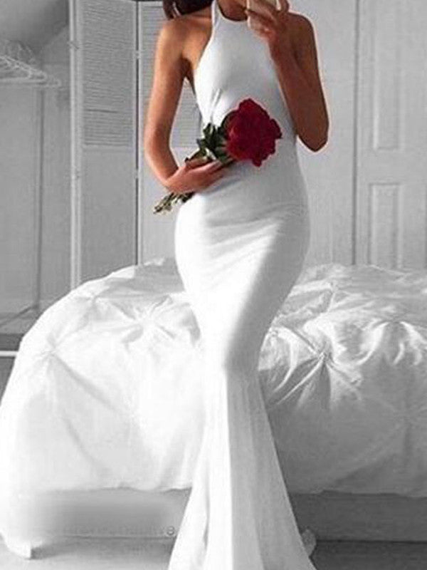 Mermaid prom dress White Simple Backless Long Prom Dress Evening Dress MK0508