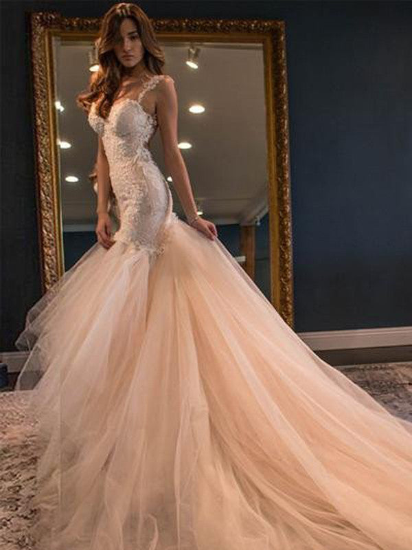 Sheath/Column Scoop Sweep/Brush Train Tulle Prom Dress/Evening Dress #MK0544