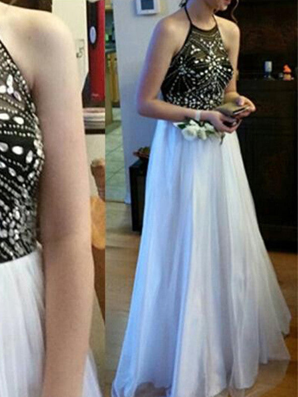 Chiffon Floor Length Prom Dresses A-Line Halter Open Back Pleats main image 1