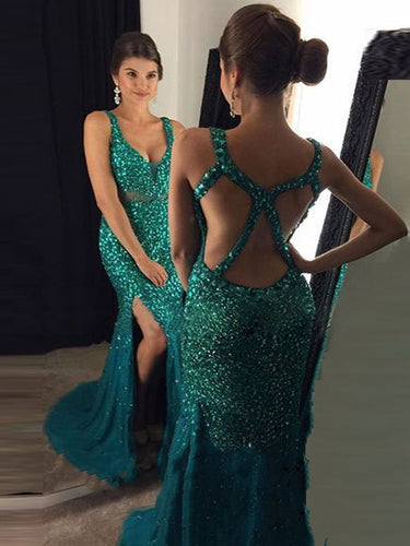 Sheath/Column Straps Floor-length Tulle Prom Dress/Evening Dress #MK0877