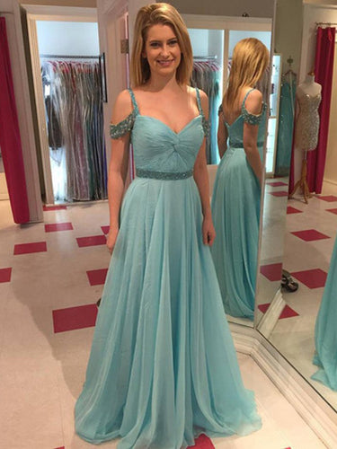 teal prom dresses A-line Spaghetti Straps Floor-length Tulle Prom Dress Evening Dress MK089