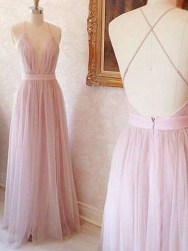 A-line V-neck Long Pink with Criss Cross Back Prom Dress Evening Dress #MK092