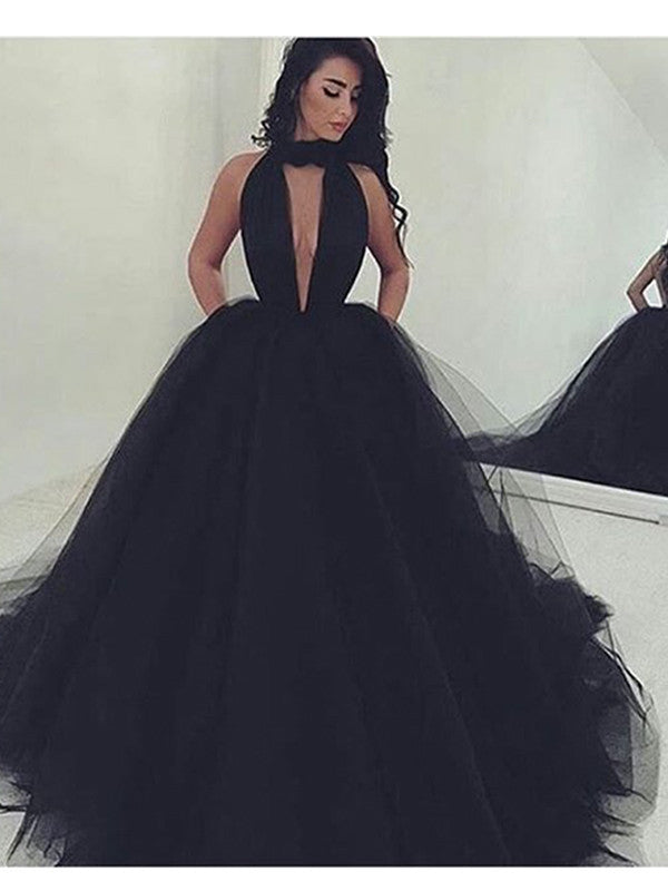 Sexy Prom Dress A-line V-neck Long Black Tulle Prom Dress Evening Dress MK518