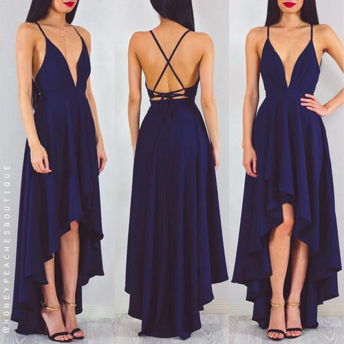 Deep V-neck High Low  Sexy Long Criss-Cross BackChiffon Prom Dress Evening Dress MK519