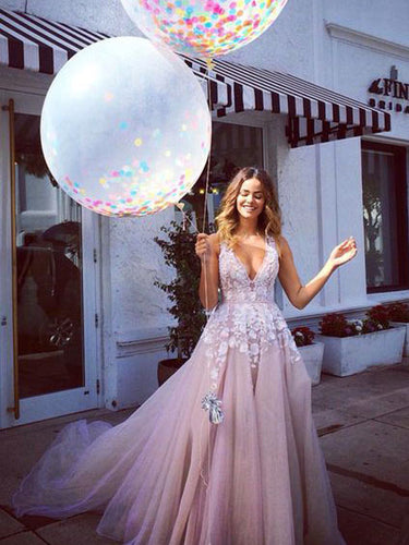 V-neck Prom Dress A-line Tulle Long Prom Dress Evening Dress MK566