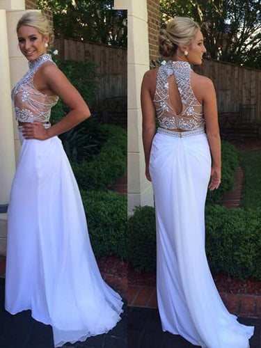 White Prom Dress,Two pieces Prom Dress Rhinestones Evening Dress Long Formal Dress MK569