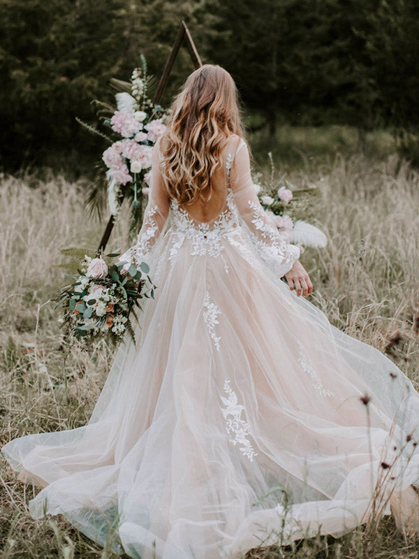 Chic Lace Embroidery Long Sleeve Bohemian Wedding Dress Open Back Rustic Wedding Dress PIN7192|Annapromdress