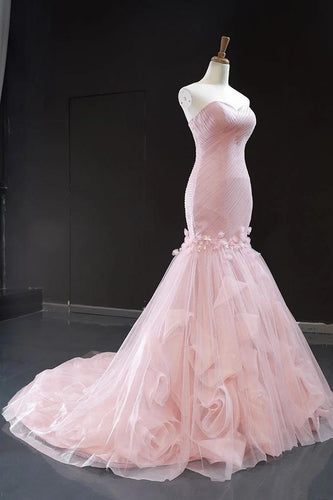 Pink Tulle Prom Dresses Sweetheart Mermaid Long Formal Dress with Ruffles GJS235