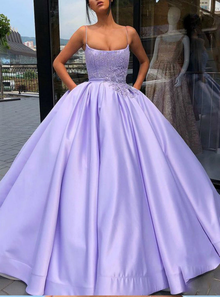Purple Ball Gown Spaghetti Straps Satin Sweet 16 Dress With Pocket, Qu –  Anna PromDress