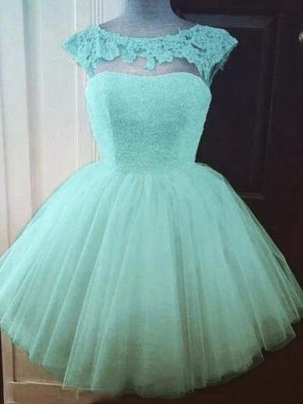 Chic Homecoming Dress Scoop Appliques Tulle Short Prom Dress Party Dress SE0149