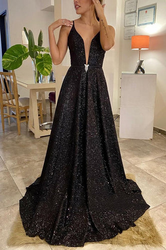 Shiny V Neck Backless Black Sparkly Long Prom Formal Dress GJS377