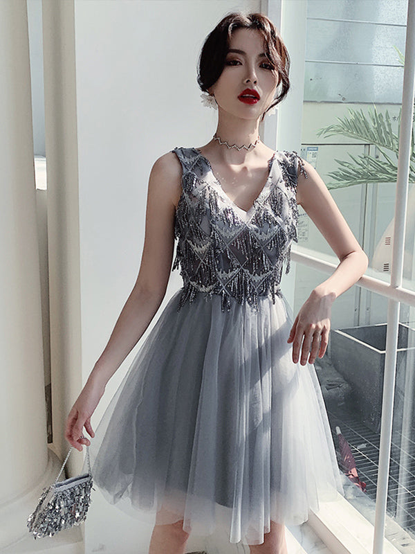 A Line V neck Beaded Silver Homecoming Dress with Straps Short Prom Dress,Party Dress TB334|Annapromdress