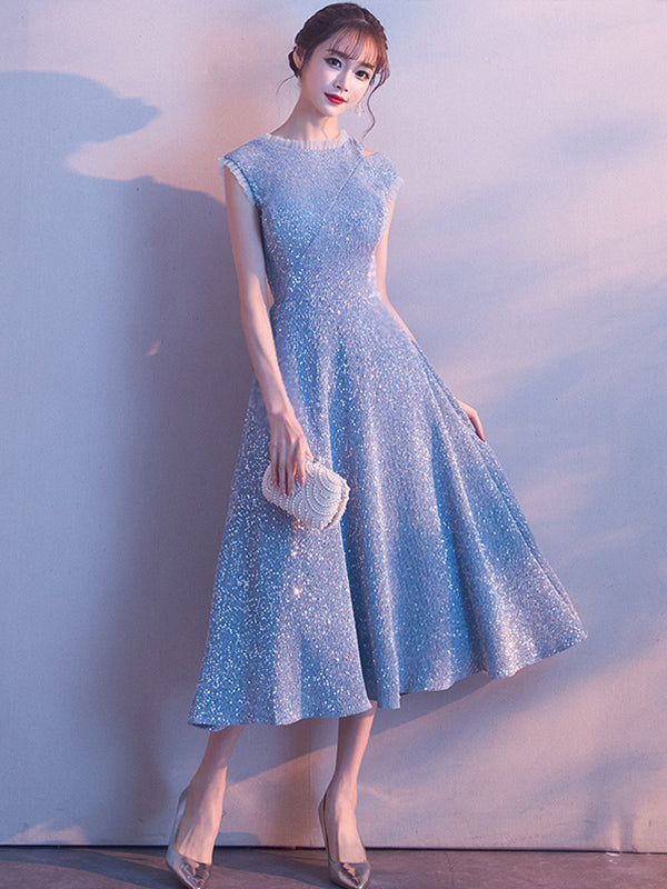 Cap Sleeve Light Blue Sparkly Homecoming Dress Tea Length Prom Evening Dress TB336|Annapromdress