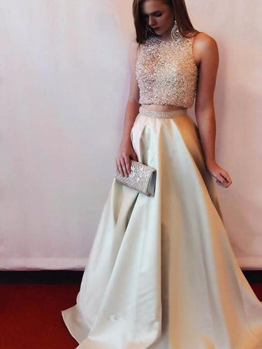 Two piece Prom Dresses Beaded A-line Sleeveless Satin Long Prom Dress