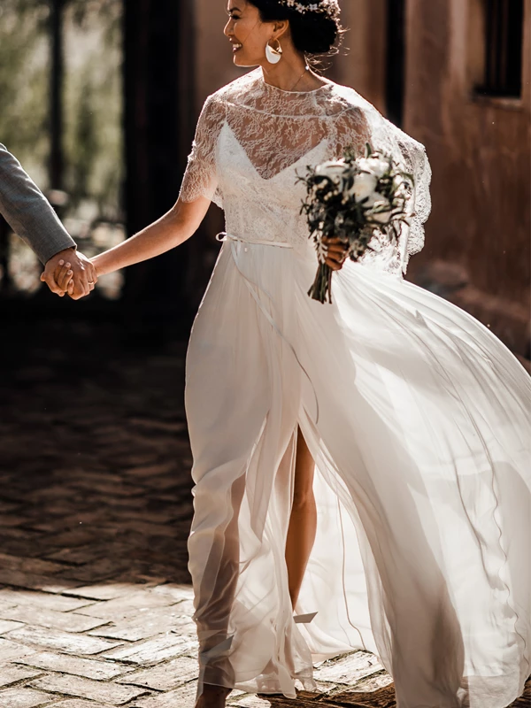 Two Piece Lace Chiffon Convertible Beach Wedding Dresses NA1201|Annapromdress