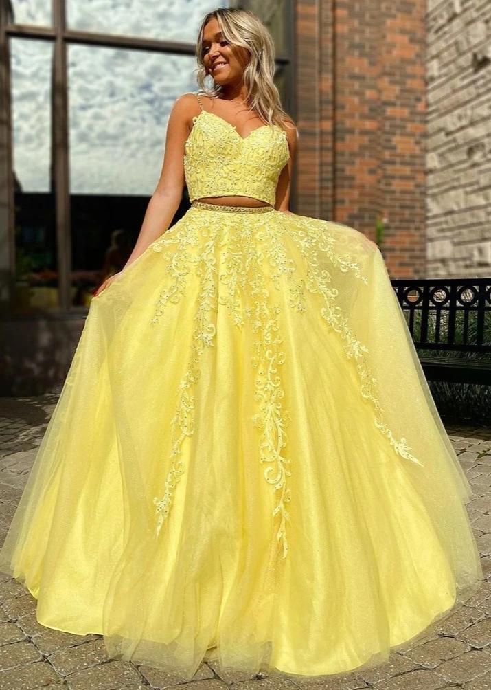 Yellow Tulle Appliques A-Line Long Two Piece Prom Dress JKZ8613|Annapromdress