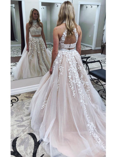 White Lace Appliqued Two Piece Prom Dresses,Aline 2 Piece Prom Dress
