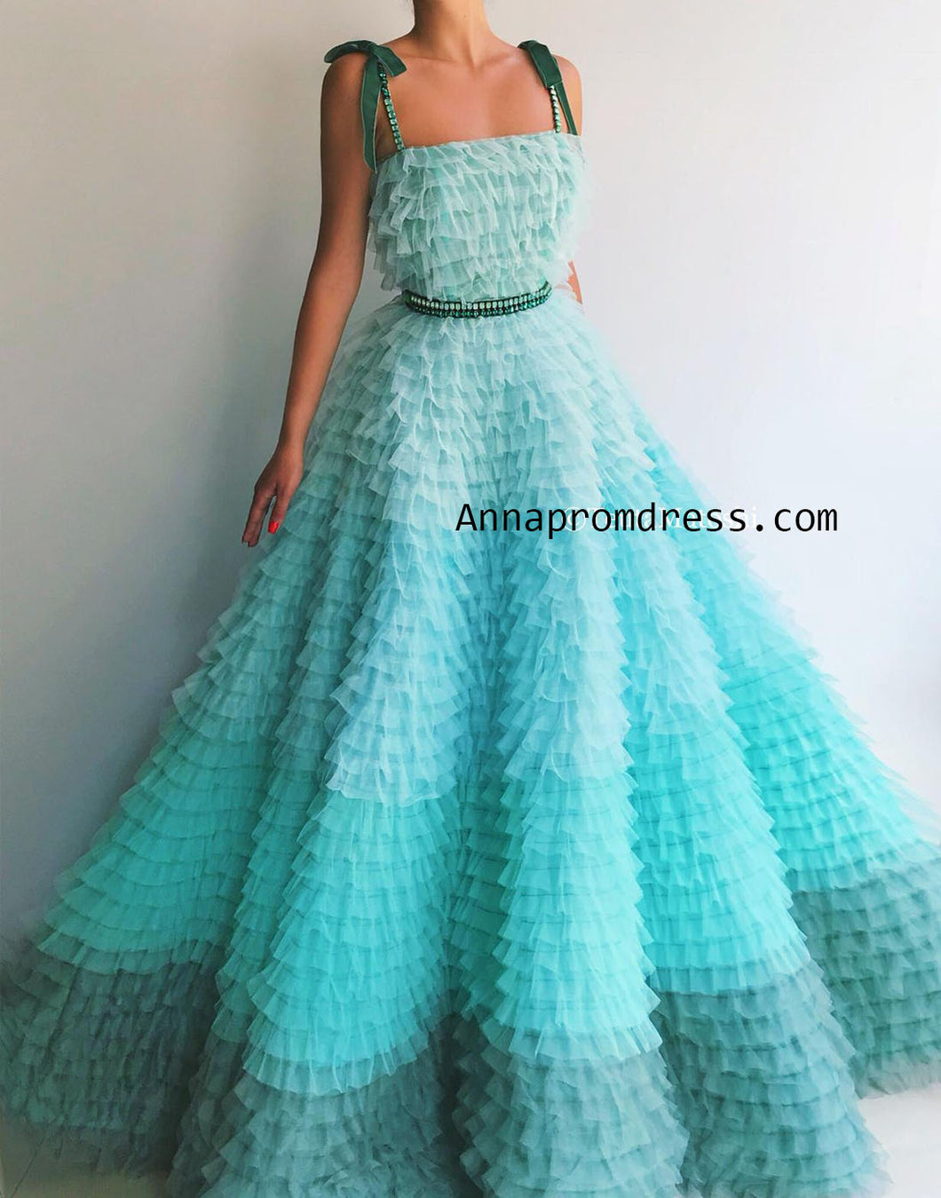 Ball Gown Spaghetti Straps Gradient Tulle Long Prom Dress Ruffles Chic Prom/Evening Gowns YSD334|Annapromdress